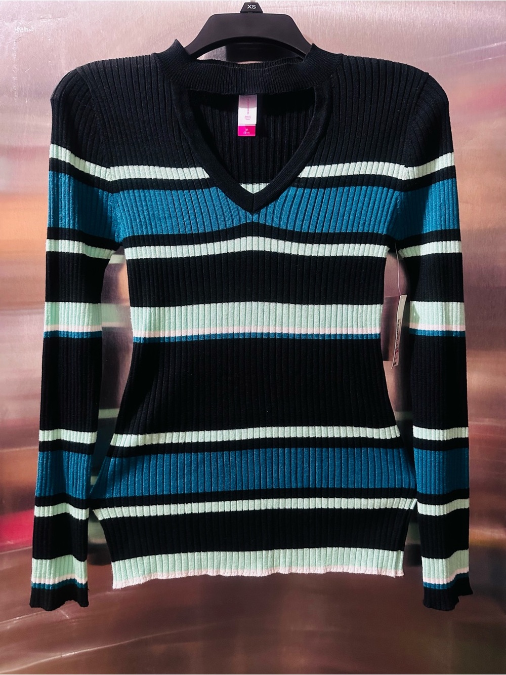 No Boundaries✨⭐️🖤💙💚Black, Teal & Cream Striped V-Neck Sweater